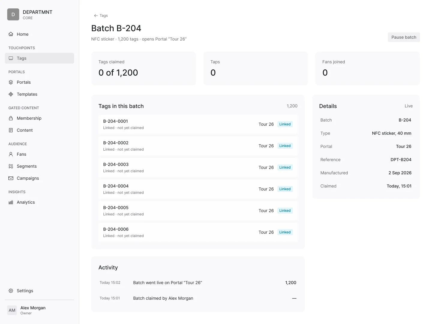 Core, a batch of 1,200 tags just claimed